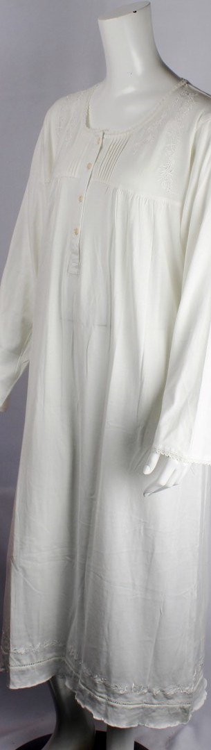 Cotton knit L/S nightie w button neck ,pleats, embroidered floral yoke and hem ivory Style:AL/ND-281 image 0